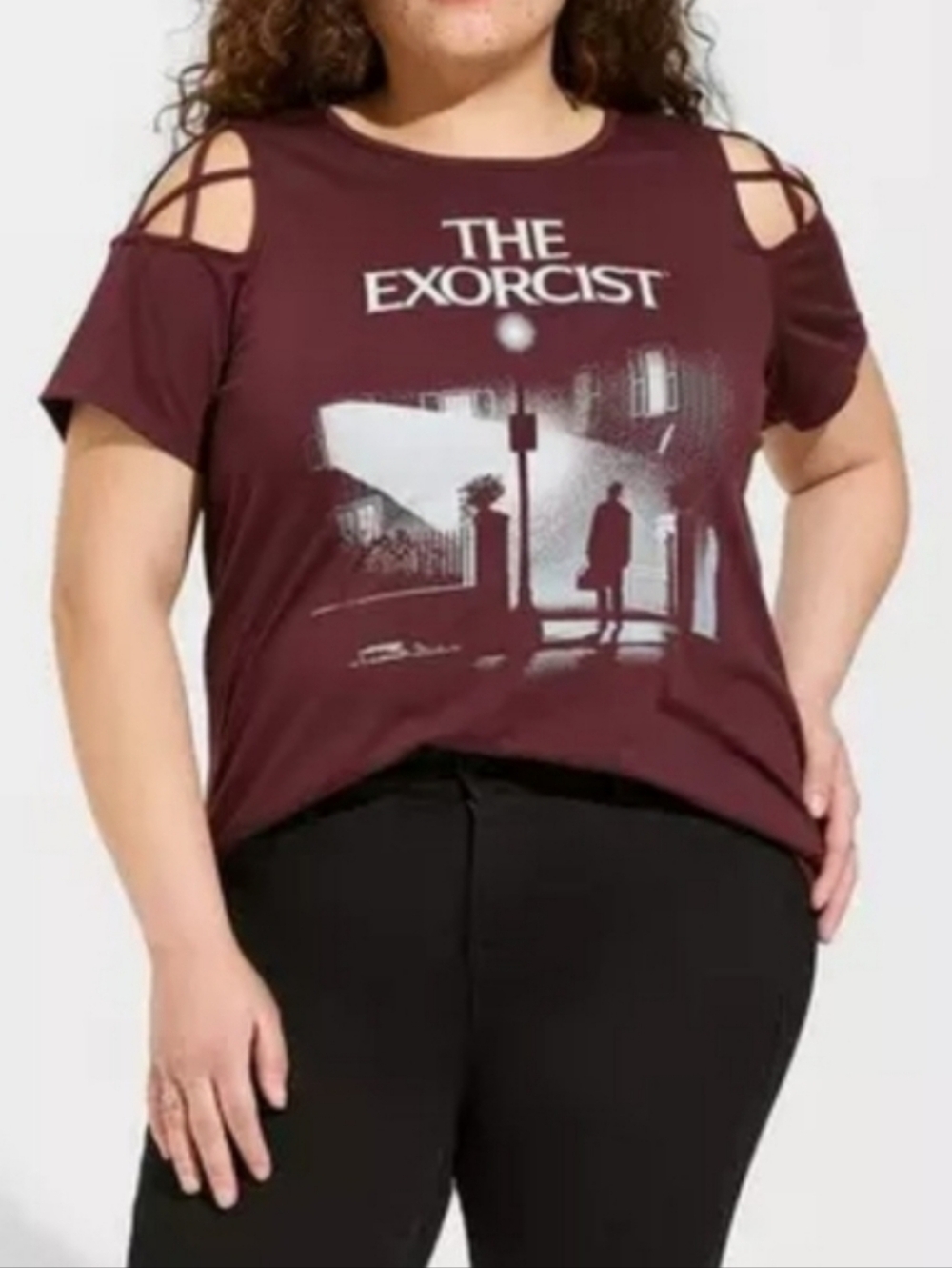 NWOT! TORRID Plus Size Women's "THE EXORCIST" Graphic Lattice Sleeve Top